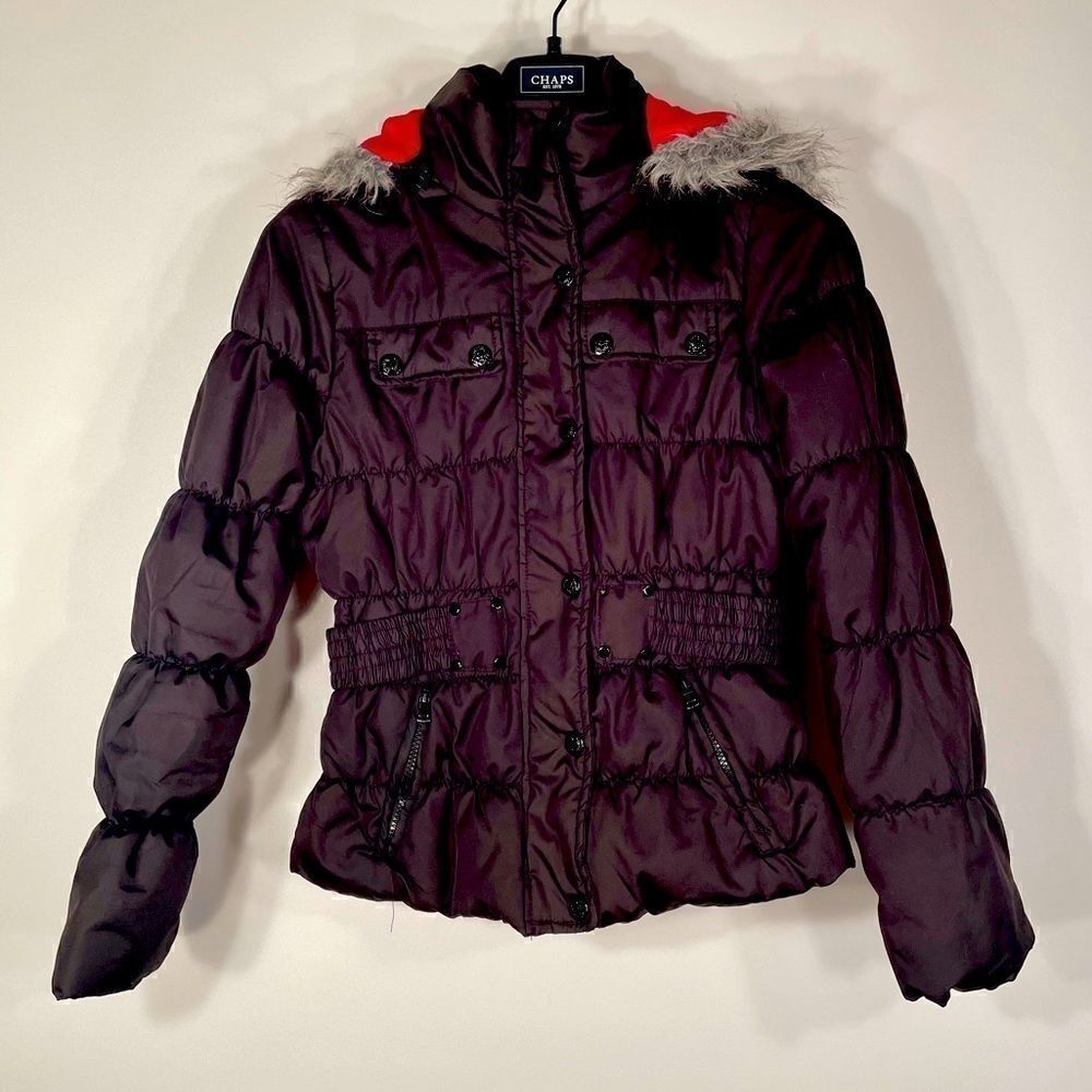 BLACK w RED LINING DOLLHOUSE COAT ZIP OFF HOOD M